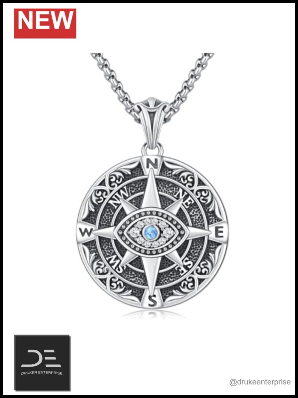 Sterling Silver Evil Eye Compass Pendant Necklace 925 Graduation Travel Gift
